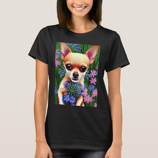 Camiseta Adorable Fawn Chihuahua Playing in Flowers (Anverso)