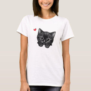 Camiseta Adorable Gatito Negro Espiando con Corazó