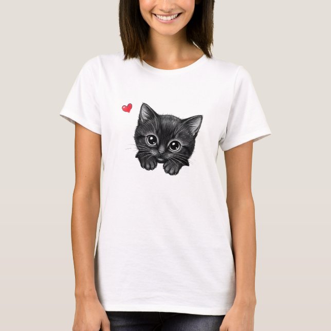 Camiseta Adorable Gatito Negro Espiando con Corazó (Anverso)
