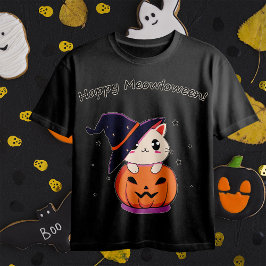 Camiseta Adorable Gato Bruja Kawaii en Calabaza de Hallowee