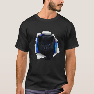 Camiseta Adorable gato negro ojos azules grillados gato de 