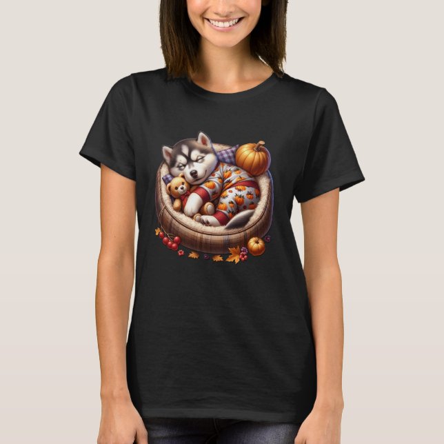 Camiseta Adorable Husky Decoración de Otoño Ambiente Otoñal (Anverso)