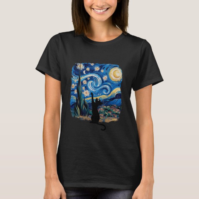 Camiseta Adorable Kawaii Black Cat Reaching for Stars in a  (Anverso)