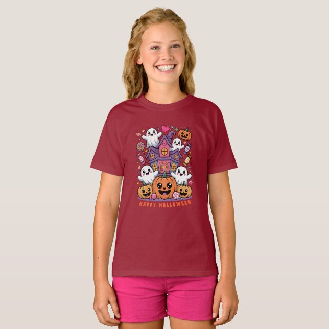 Camiseta Adorable Kawaii Halloween | Happy Ghost & Pumpkins (Anverso completo)