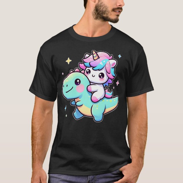 Camiseta Adorable Kawaii Unicorn Rides Dinosaur (Anverso)