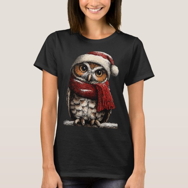Camiseta Adorable Owl With Santa Hat Snowy Winter Christmas (Anverso)