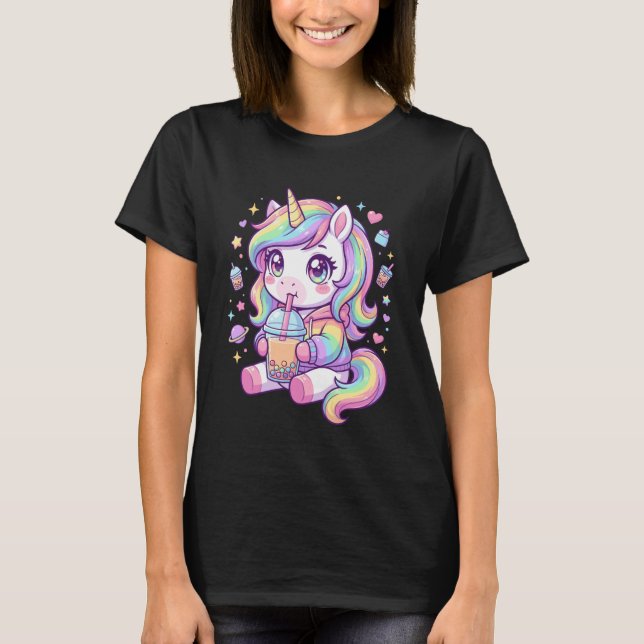 Camiseta Adorable Pastel Unicorn Drinking Boba Art Kawaii P (Anverso)
