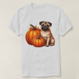 Camiseta Adorable Pug Sentado Junto a Calabazas con Hojas