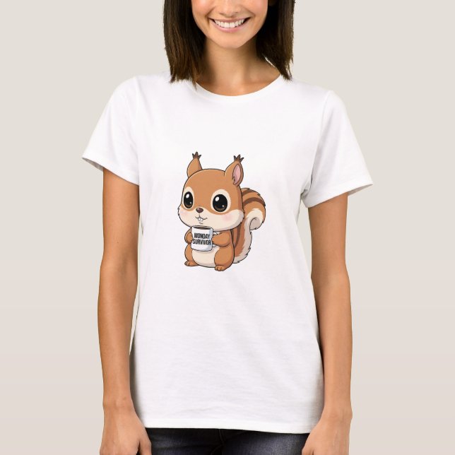 Camiseta Adorable Squirrel Holding “Monday Survivor” Mug (Anverso)