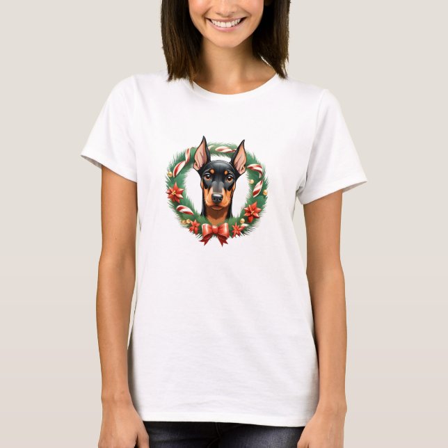 Camiseta Adorables Navidades Doberman Perro en corteza fest (Anverso)