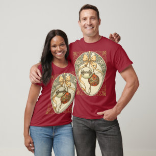 Camiseta Adornos de Navidad Beige y Rojo Art Nouveau 