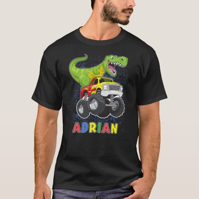 Camiseta Adrian Personalized Dinosaur On A Monster Truck Ki (Anverso)
