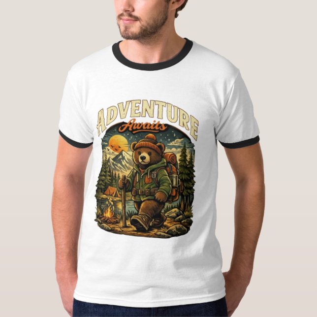 Camiseta Adventure Awaits Bear Hiking Camping Vintage Graph (Anverso)