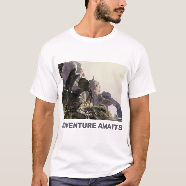 Camiseta Adventure Awaits. Fantasy landscape (Anverso)