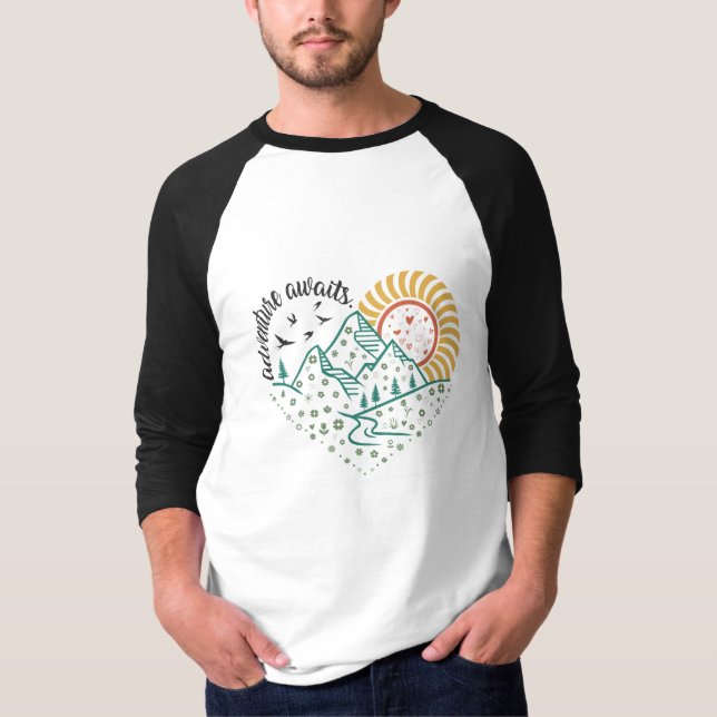 Camiseta Adventure Awaits – Retro Mountain & Sun Nature (Anverso)