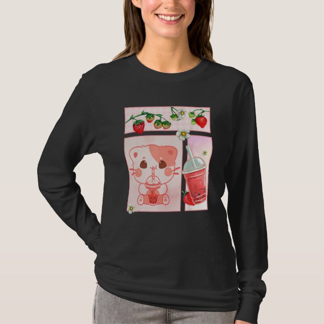 Camiseta Aesthetic Harajuku Cute Cat Drink Strawberry Boba  (Anverso)