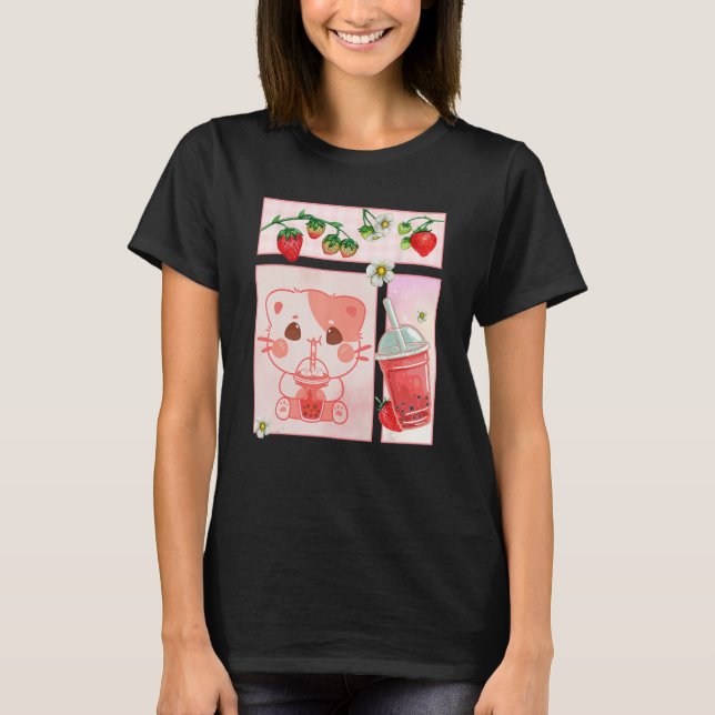 Camiseta Aesthetic Harajuku Cute Cat Drink Strawberry Boba  (Anverso)