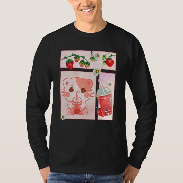 Camiseta Aesthetic Harajuku Cute Cat Drink Strawberry Boba  (Anverso)