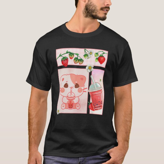 Camiseta Aesthetic Harajuku Cute Cat Drink Strawberry Boba  (Anverso)