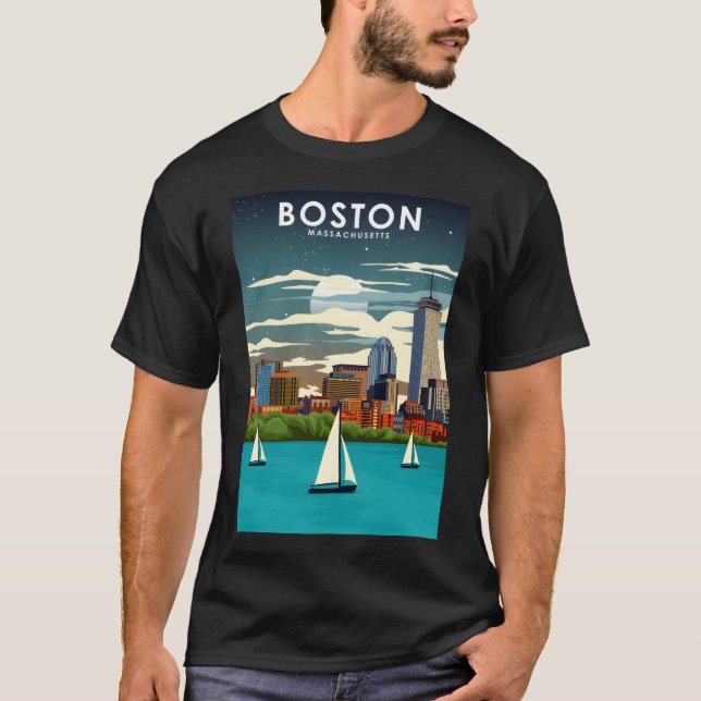 Camiseta Afiche de viaje de Boston en Night City Skyline (Anverso)