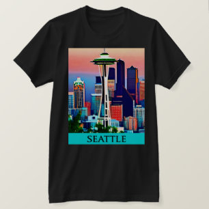 Camiseta Afiche de viaje de Seattle bajo un cielo del amane
