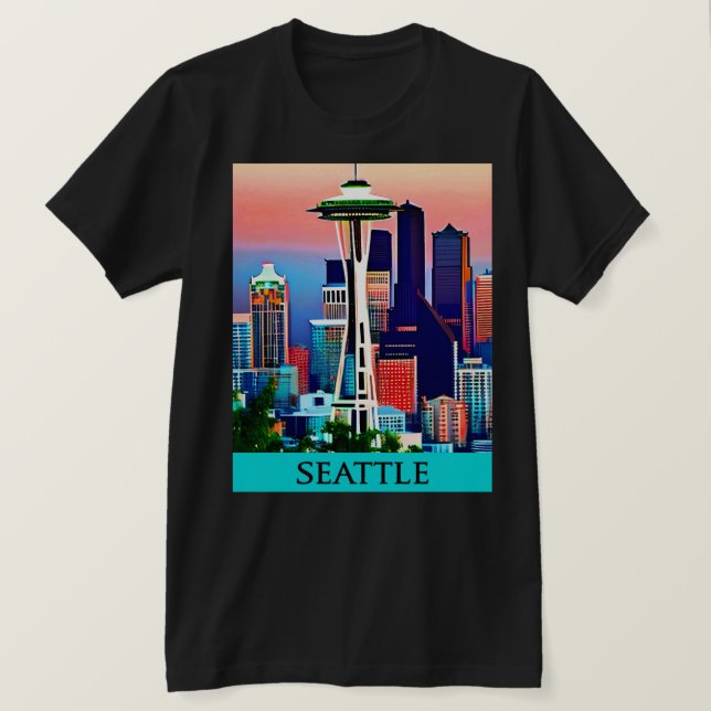 Camiseta Afiche de viaje de Seattle bajo un cielo del amane (Anverso del diseño)