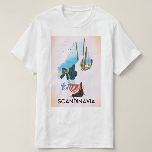 Camiseta Afiche de viaje del mapa de Escandinavia (Diseño del anverso)