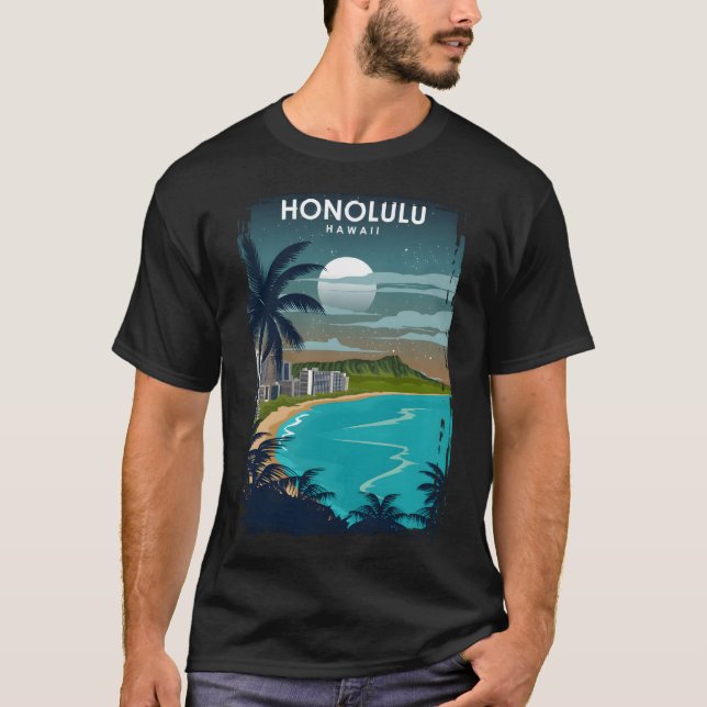 Camiseta Afiche de viaje Honolulu Hawaii de noche (Anverso)
