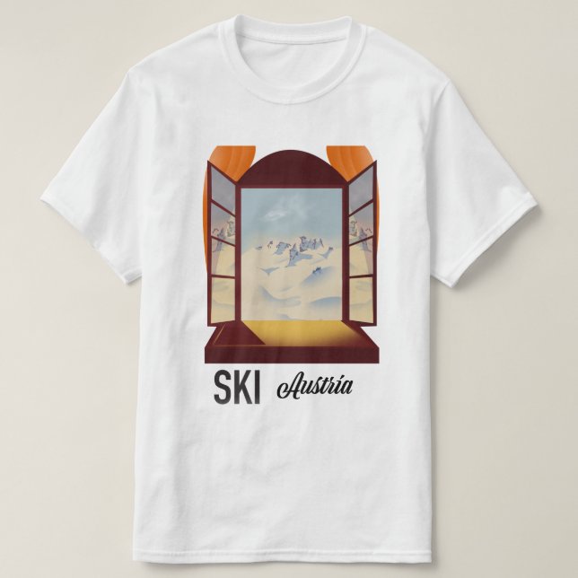 Camiseta Afiche de viaje por la ventana de Ski Austria. (Diseño del anverso)