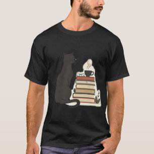 Camiseta Aficionado de Libros Gato Negro Acogedor Café y Le