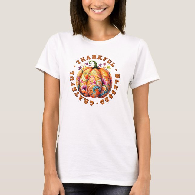 Camiseta Afortunada, bendecida calabaza floral (Anverso)