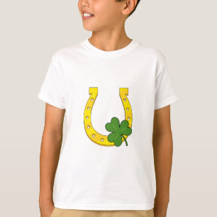 Camiseta Afortunada Herradura Dorada con Shamrock on White
