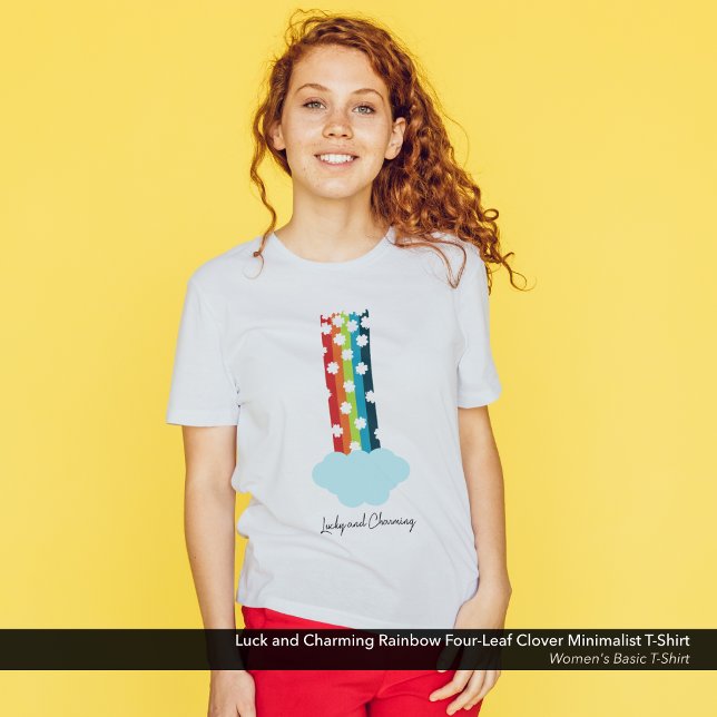 Camiseta Afortunado y encantador arcoiris de 4 hojas Minima (Lucky and Charming, St. Patrick's Day T-Shirt with a Minimalist Rainbow and Four-Leaf Clover Design.)
