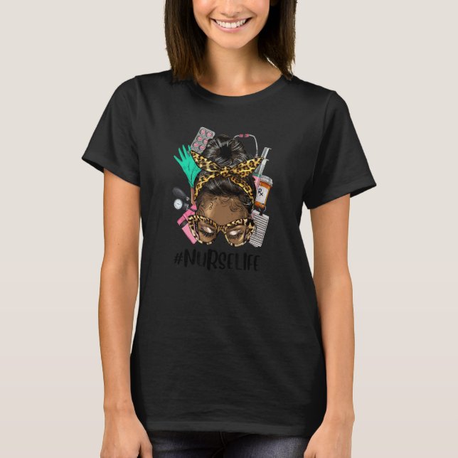 Camiseta African Messy Bun Straight Hair Leopard Glasses Nu (Anverso)