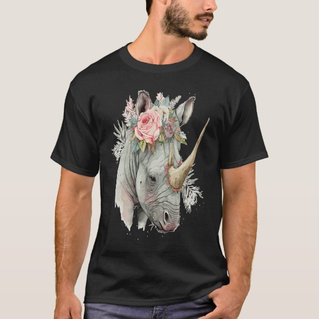 Camiseta African Watercolor Rhinozeros Flower Crown Safari  (Anverso)
