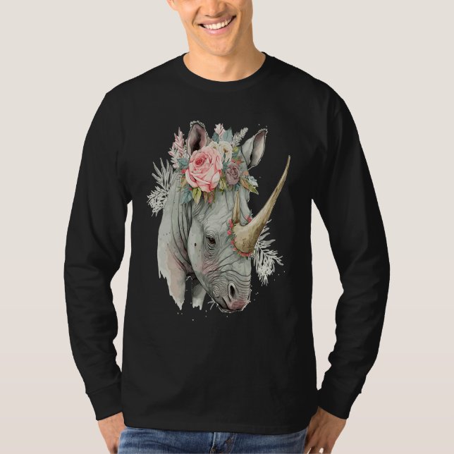 Camiseta African Watercolor Rhinozeros Flower Crown Safari  (Anverso)