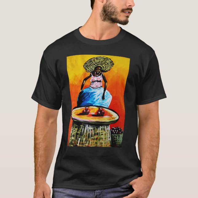 Camiseta Africana: Una mujer prepara comida colorida (Anverso)