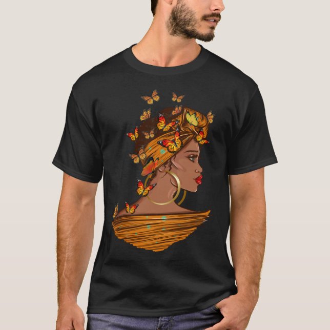Camiseta Afro African Woman Butterflies Black Queen History (Anverso)