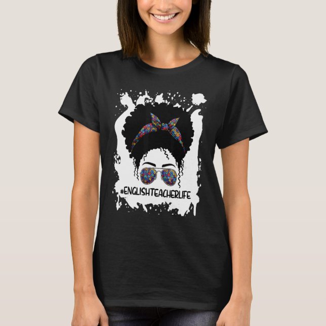 Camiseta Afro Messy Bun profesora de inglés Primer día de e (Anverso)