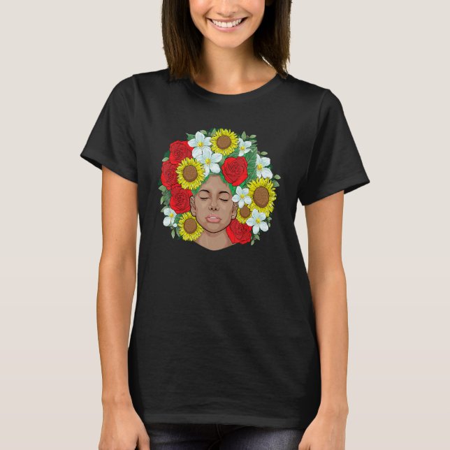Camiseta Afro Natural Black Hair Kind Pride Melanin Flowers (Anverso)