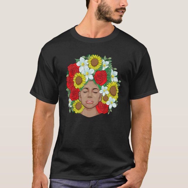 Camiseta Afro Natural Black Hair Kind Pride Melanin Flowers (Anverso)
