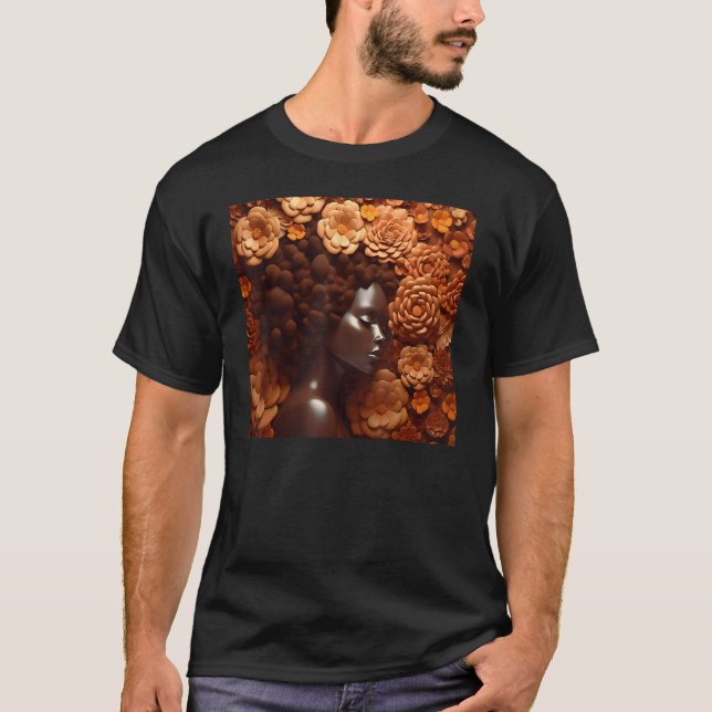 Camiseta Afro Woman Floral Black Queen Puff Melanin Magic O (Anverso)