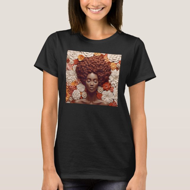 Camiseta Afro Woman Floral Black Queen Puff Melanin Orange  (Anverso)