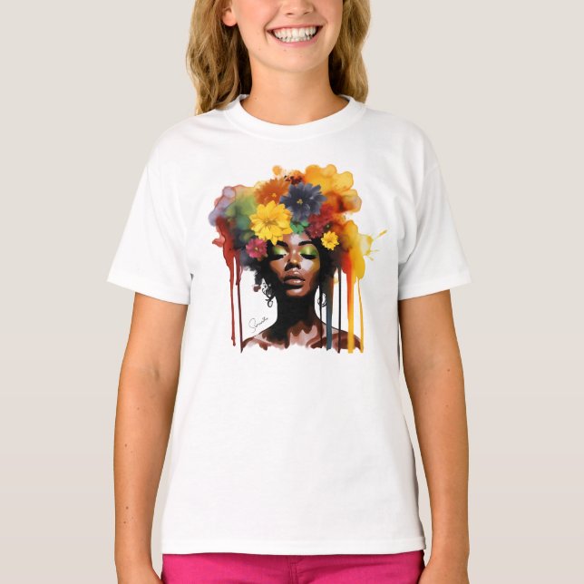 Camiseta Afroamericana con pelo floral afro (Anverso)