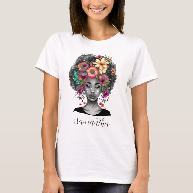 Camiseta Afromujer floral elegante (Anverso)