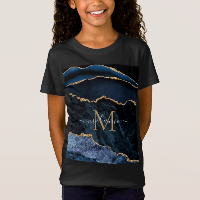 Camiseta Agate Navy Blue Gold Purpurina Monograma nombre ca (Anverso)