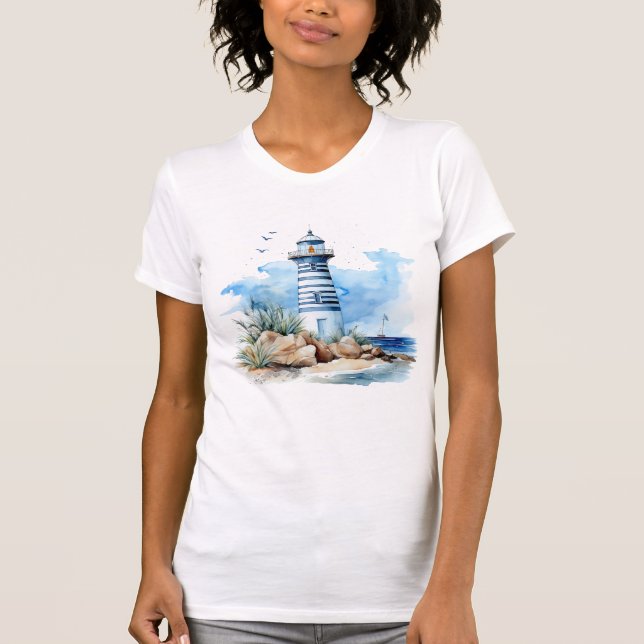 Camiseta Agua azul de faro náutico de las mujeres (Anverso)