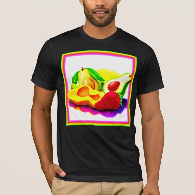 Camiseta Aguacate tropical, fresa y mango. ¡Hazte con una e (Anverso)