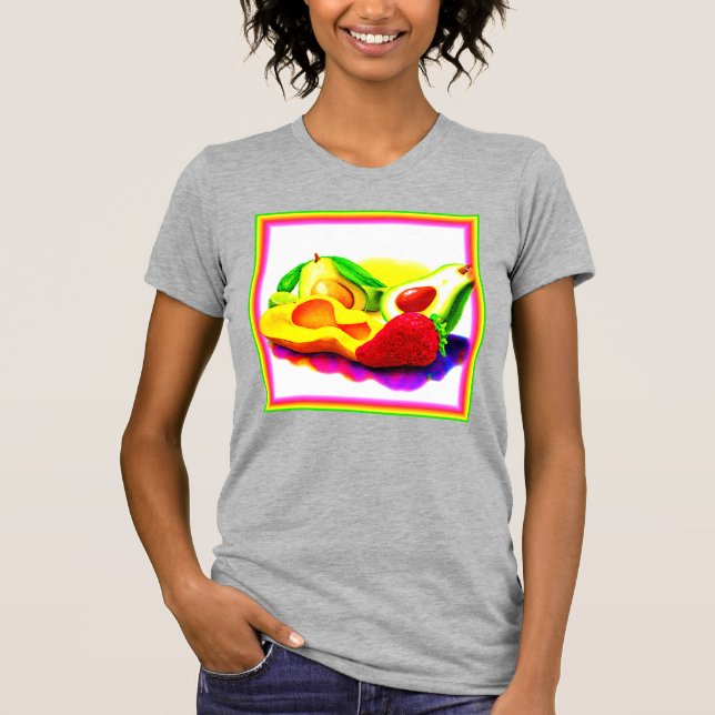 Camiseta Aguacate tropical, fresa y mango. ¡Hazte con una e (Anverso)