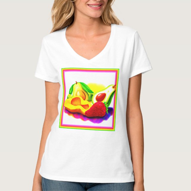 Camiseta Aguacate tropical, fresa y mango. ¡Hazte con una e (Anverso)